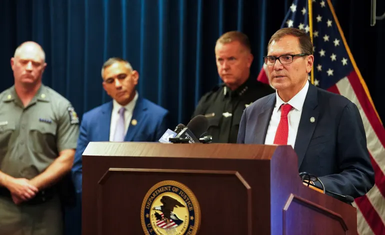 First Assistant U.S. Attorney John A. Sarcone III speaks during a press conference to announce the arrest of a woman accused of plotting to attack the New York State Capitol building in Albany, at the U.S. Courthouse in Albany, New York, U.S., August 20, 2026. According to a criminal complaint, Jessica Bowie, 35, allegedly pledged allegiance to ISIS and planned an attack on the Capitol building. REUTERS/Cindy Schultz