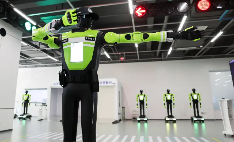 Humanoid robot traffic police officers developed by SUPCON at the company's showroom in Hangzhou, Zhejiang province, China, July 21, 2026. REUTERS/Go Nakamura