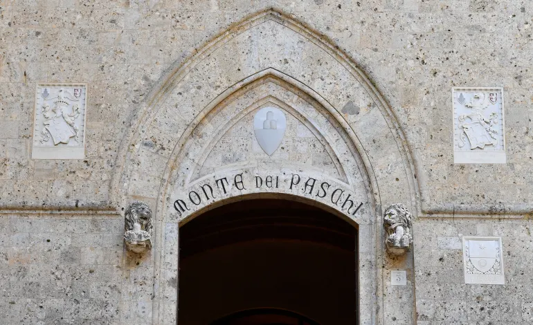 View of the entrance to the headquarters of Monte dei Paschi di Siena (MPS), the oldest bank in the world in Siena, Italy, August 11, 2021. Jennifer Lorenzini