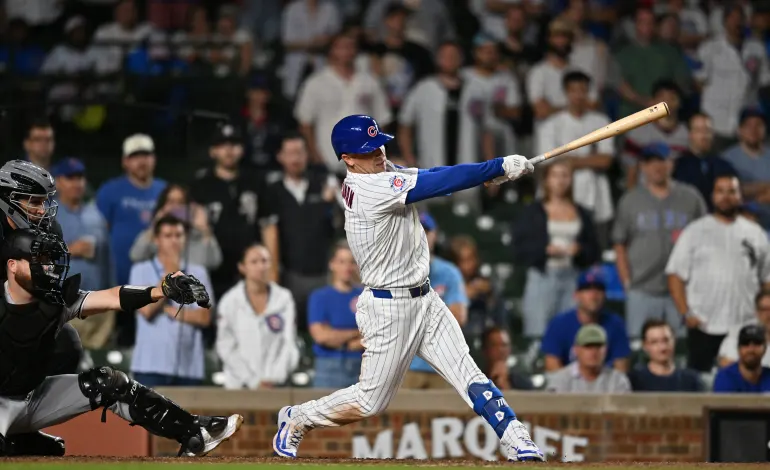 Aug 18, 2026; Chicago, Illinois, USA; Chicago Cubs third baseman Alex Bregman (3) hits a walk-off RBI single against the Chicago White Sox during the ninth inning at Wrigley Field. Mandatory Credit: Patrick Gorski-Imagn Images