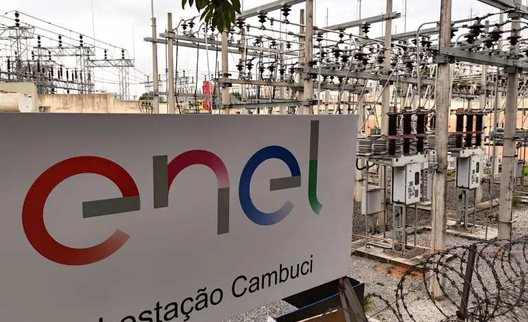 An enel logo is seen in a substation in Sao Paulo, Brazil, March 26, 2025. Amanda Perobelli
