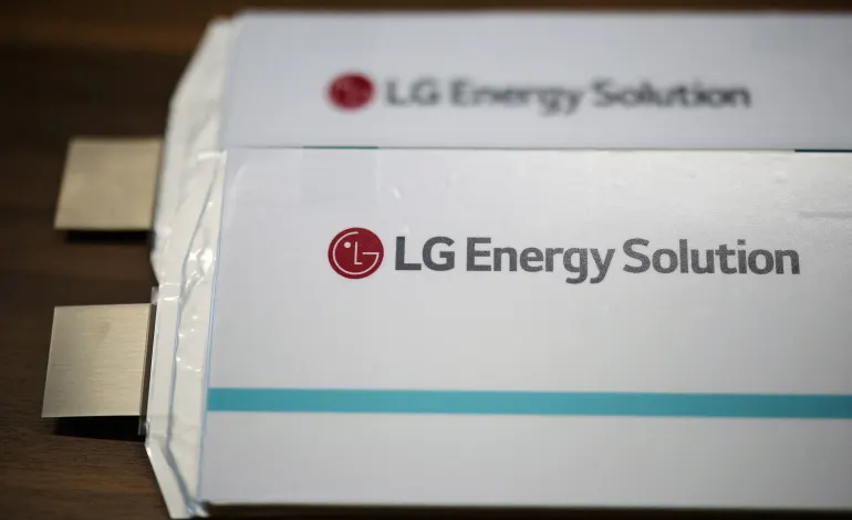 Battery cells with the logo of LG Energy Solution are displayed at the company headquarters in Seoul, South Korea, April 23, 2024.Kim Hong-Ji