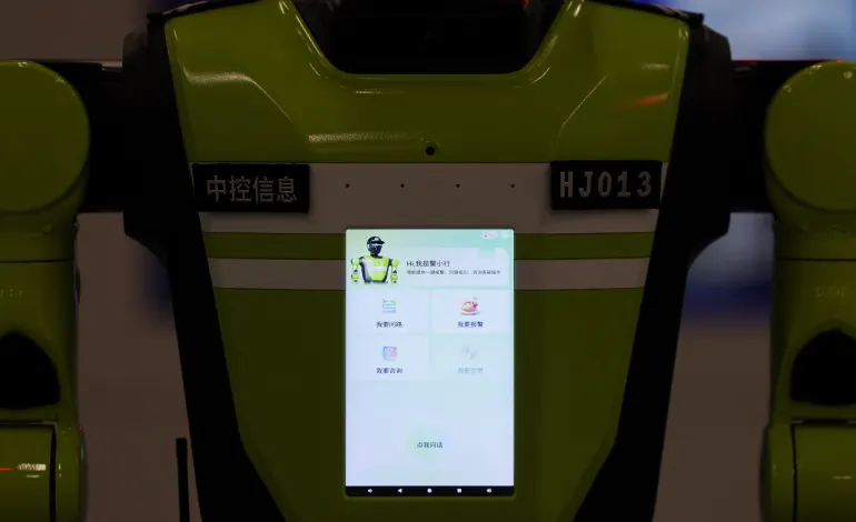 A humanoid robot traffic police officer developed by SUPCON at the company's showroom in Hangzhou, Zhejiang province, China, July 21, 2026. REUTERS/Go Nakamura