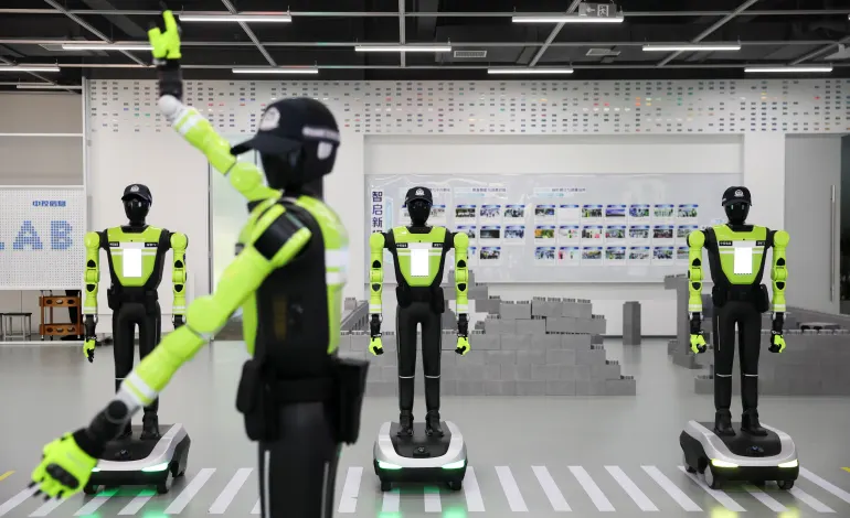 Humanoid robot traffic police officers developed by SUPCON at the company's showroom in Hangzhou, Zhejiang province, China, July 21, 2026. REUTERS/Go Nakamura