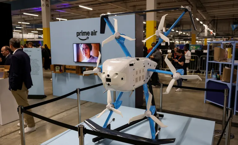 Amazon Prime Air drone model is displayed during the Delivering the Future EMEA 2026 event at Amazon's LCY3 fulfilment centre in Dartford, Britain, June 4, 2026. REUTERS/Toby Shepheard/File Photo