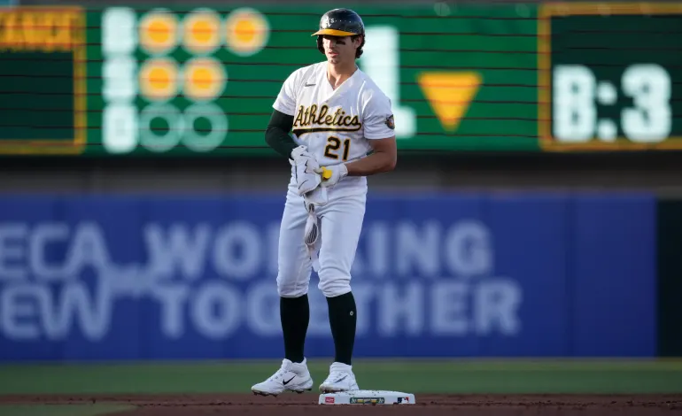 Aug 10, 2026; West Sacramento, California, USA; Athletics designated hitter Tyler Soderstrom (21) stands on second base after hitting an RBI double against the Tampa Bay Rays in the first inning at Sutter Health Park. Mandatory Credit: Cary Edmondson-Imagn Images
