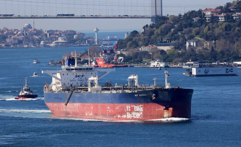 Crude oil tanker SCF Surgut, owned by Russia's leading tanker group Sovcomflot, transits the Bosphorus in Istanbul, Turkey, April 4, 2024. Yoruk Isik