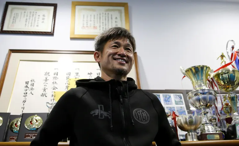 Japanese striker Kazuyoshi Miura, speaks during an interview with Reuters after a training session in Yokohama, Japan, March 21, 2017.Toru Hanai