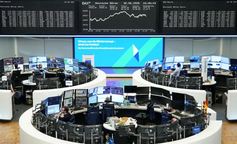 The German share price index DAX graph is pictured at the stock exchange in Frankfurt, Germany, June 30, 2026.  staff