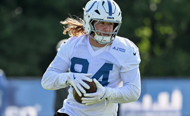 Jul 31, 2026; Westfield, IN, USA; Indianapolis Colts tight end Tyler Warren (84) participates in a drill on day three of training camp at Grand Park Sports Campus. Mandatory Credit: Robert Goddin-Imagn Images