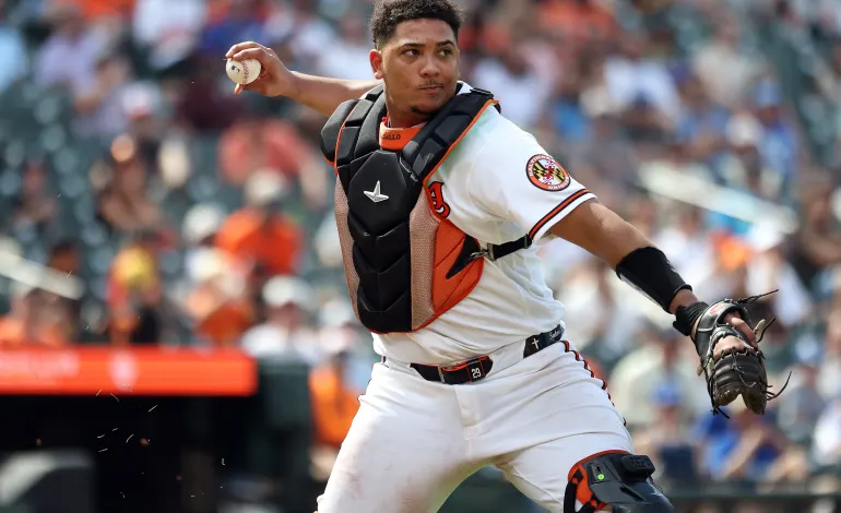 Jul 12, 2026; Baltimore, Maryland, USA; Baltimore Orioles catcher Samuel Basallo (29) throws to first for an out during the seventh inning against the Kansas City Royals at Oriole Park at Camden Yards. Mandatory Credit: Daniel Kucin Jr.-Imagn Images