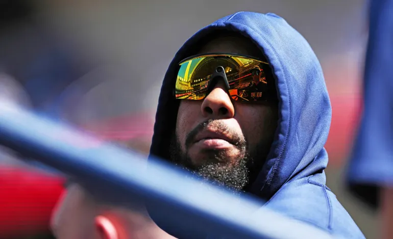 Aug 15, 2026; Toronto, Ontario, CAN; Toronto Blue Jays first baseman Vladimir Guerrero Jr. (27) sits in the dugout against the New York Yankees during the third inning at Rogers Centre. Mandatory Credit: Nick Turchiaro-Imagn Images