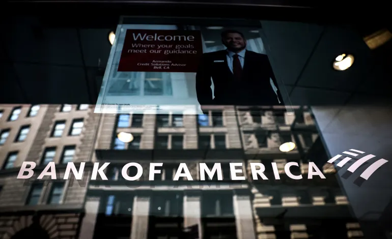 A Bank of America logo is seen on the entrance to a Bank of America financial center in New York City, U.S., July 11, 2023.  Brendan McDermid