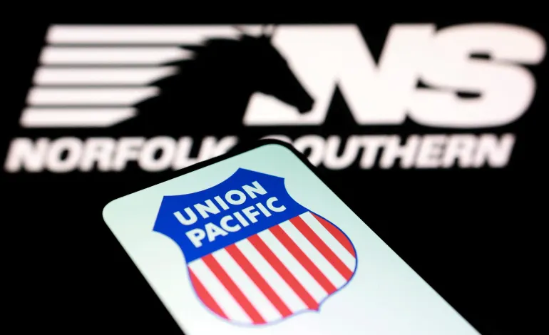 Union Pacific and Norfolk Southern logos are seen in this illustration taken August 5, 2025. Dado Ruvic/Illustration
