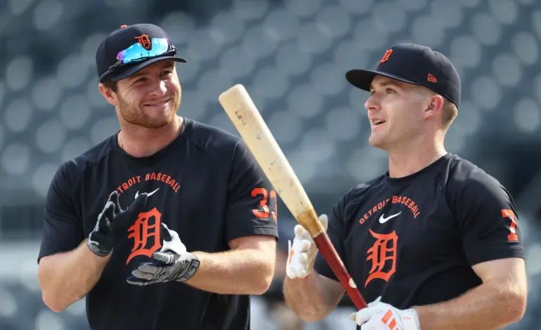 Aug 18, 2026; Pittsburgh, Pennsylvania, USA; Detroit Tigers designated hitter Colt Keith (33) and third baseman Kevin McGonigle (7) at the batting cage before the game against the Pittsburgh Pirates at PNC Park. Mandatory Credit: Charles LeClaire-Imagn Images